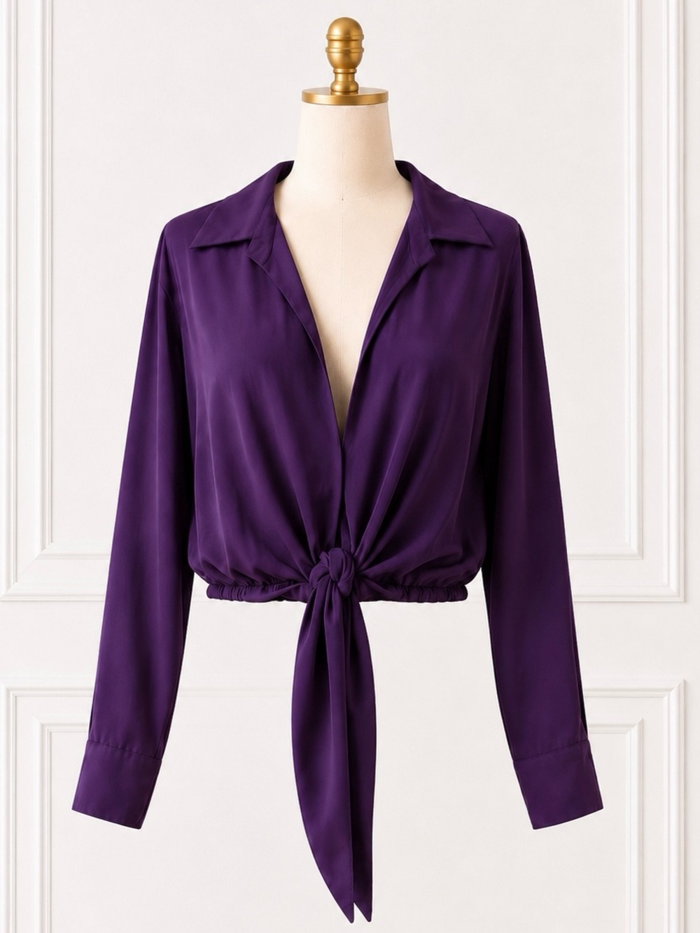 NWT LE SUPERBE Satin Tie-Front Crop Blouse Purple Size M